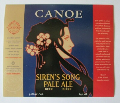 VINTAGE CANADA BEER LABEL CANOE BREW CO VICTORIA B.C. SIREN'S SONG ALE