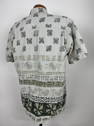 Vintage 90s Cherokee Hawaiian Shirt Men Large Geometric Tribal Tiki Cotton FLAW - Picture 7 of 14