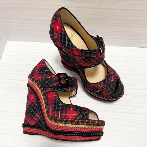 Christian Louboutin Gingham Open Toe Wedge Pumps Red Size 37 - Picture 2 of 15
