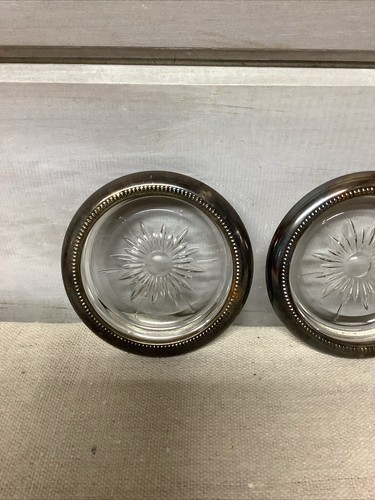 Lot of 3 Italy Coaster Leonard Silver Plate Silverplate Rimmed Glass Old Beaded - Picture 2 of 9
