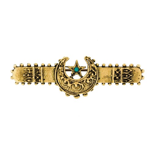 Vintage viktorianische Revival 14K Gold Türkis Halbmond & Stern Bar Pin Brosche
