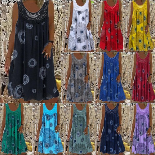 Women Boho PRINTED Summer Loose Tank Dress Tops Lace Casual Dresses PLUS SIZE UK - Picture 2 of 26