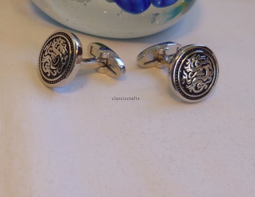 Silvered solid brass vintage dragon round shape Cufflinks Dia 17mm - Picture 5 of 6