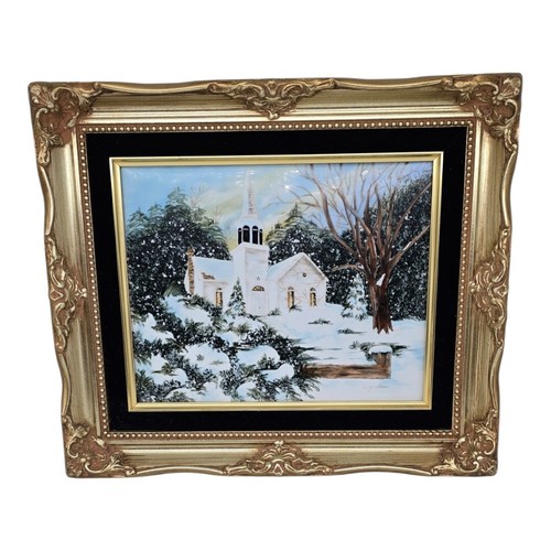 Vintage verzierter Gold & Schwarz Samt Holzrahmen mit 8x10 handbemalter signierter Fliese - Bild 1 von 7