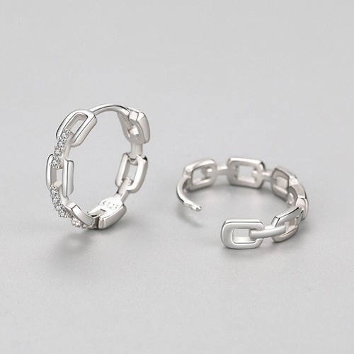 S925 Solid Sterling Silver Link Chains Zirconia Round Hoop Huggie Earrings Party - Picture 4 of 5