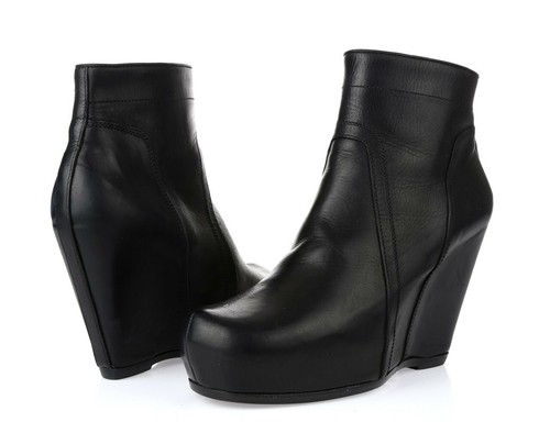 Womens Rick Owens Classic Black Leather Wedge Platform Ankle Booties Size 39 - Picture 2 of 4