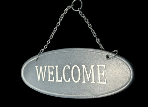 Cast Iron Welcome Sign Slate Blue Felt Feet w Hanging Chain Oval 13 x 5 in - Picture 2 of 7