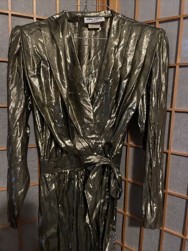 Vintage Anna Kriste Gold Lame Metallic Jumpsuit Long Sleeve Wrap Waist Size 6P - Picture 2 of 14