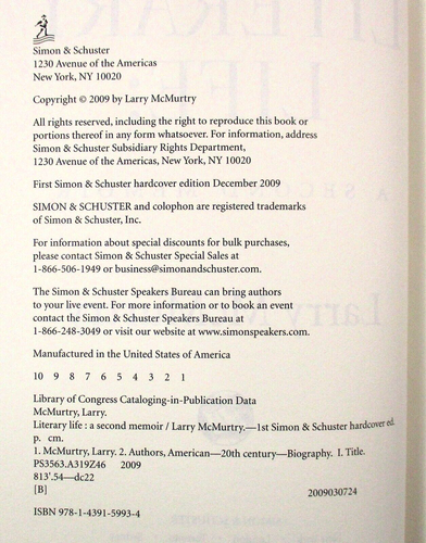 SIGNED LIMITED 1st/1st "Literary Life" Larry McMurtry 2009 HC DJ Simon &Schuster - Picture 3 of 8