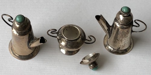 Set da tè vintage nativi americani indiani HM ARGENTO STERLING in miniatura con turchese - Foto 7 di 14
