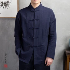 Men Chinese Tang Suit Top Cotton Linen Long Sleeve Shirt Kung Fu Tai Chi Casual