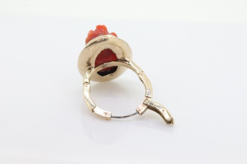 Carved Coral cameo bezel ring. 14k Gold Arthritic Knuckle Fit ring. Finger Fit - Picture 2 of 7