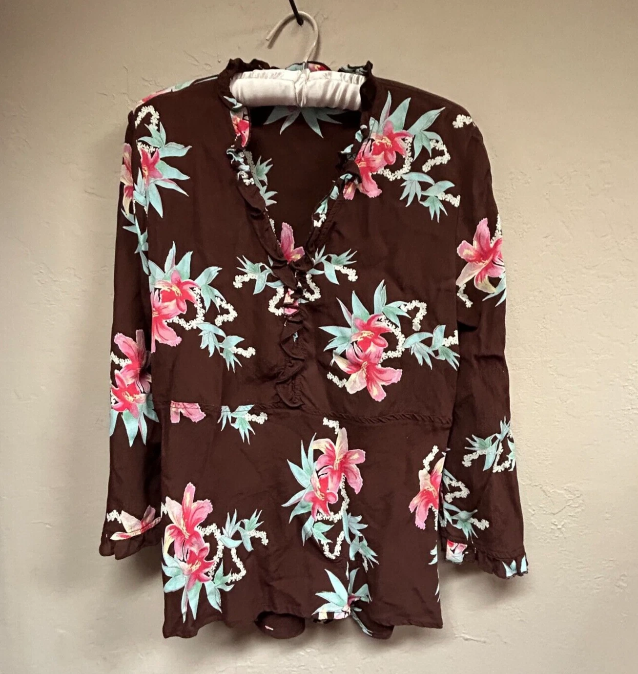 Loco Lindo Top Womens Large Floral Print Ruffle V-Neck Long Sleeve Blouse Brown