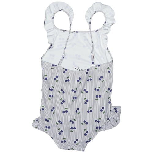 NEW! Bonpoint Girls Cecilia Striped Blue Cherry Ruffle Swimsuit Size 10 - Picture 2 of 4