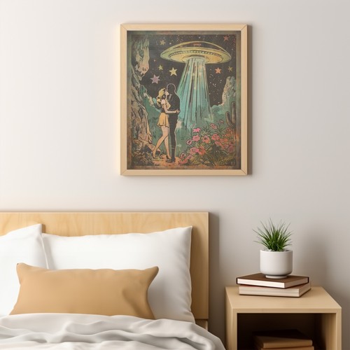 ALIEN LOVERS Wall Art, Retro UFO Sci-fi Poster, Flying Saucer Cryptid Flower Art - Picture 4 of 16