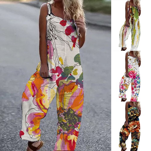 Womens Printed Dungarees Jumpsuits Trousers Loose Playsuit Overalls Baggy Pants - Picture 4 of 42