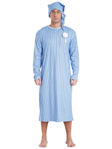 Mens Striped Sleep Robe Long Sleeve Robe Arabian Muslim Pajamas Nightwear Hat - Bild 36 von 83