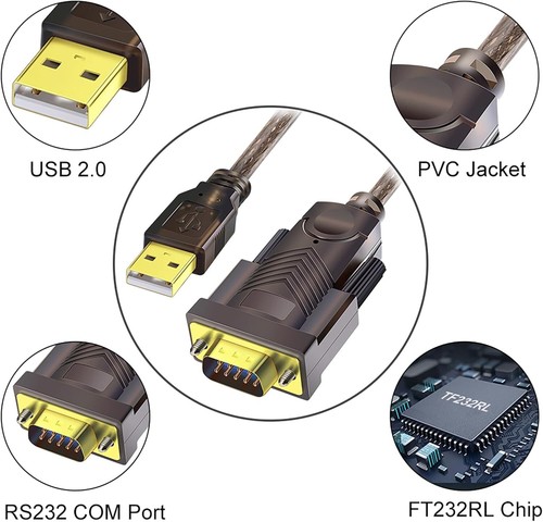 USB to RS232 Adapter with FTDI Chipset: 6ft USB 2.0 Male to RS232 Female DB9 - Picture 3 of 8