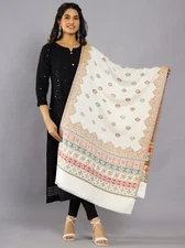 White Pashmina Wool Shawl Hand Cut Kani Soft Stole Warm Floral Wrap Large Shawl