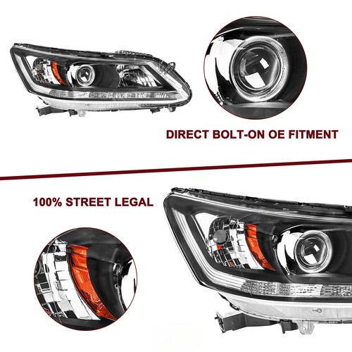 For 2013-2015 Honda Accord Sedan w/ LED DRL Projector Halogen Headlights Pair - Picture 4 of 6