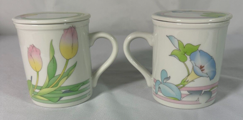 1980s Prelude Toscany Collection Floral Mugs + Lids Coasters Tulip Morning Glory - Picture 2 of 7