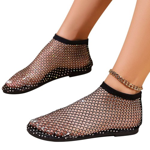 Comfortable Shiny Gem Mesh Flats Sparkle Shoes Low Heel Slip On Sandals Party - Picture 9 of 15