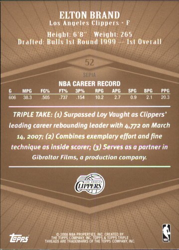 2007-08 Topps Triple Threads Sepia #52 Elton Brand /99 - NM-MT - Imagen 2 de 2