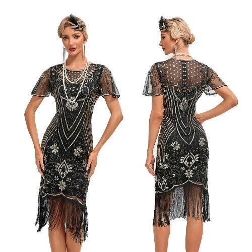 20er Jahre Flapper Kleid Damen tolles Gatsby Farbe Pailletten Quaste 20s Partykleid - Bild 1 von 28