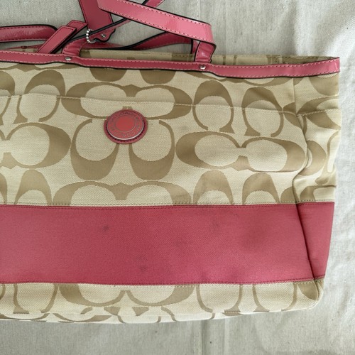 Coach Signature Khaki Canvas & Pink Leather Large Diaper Bag Tote F19202 - Picture 3 of 17