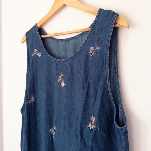 VTG 90s Denim Jumper Dress Large Floral Embroidery Cottage Granny Prairie Retro - Picture 2 of 7