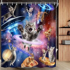 Funny Cat Shower Curtain Cool Outer Space Shower Curtains for Boys Kids, Hila...
