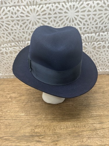 Vintage Schiaparelli Fedora Navy Blue Hat Made in USA Chicago Size 7 3/8 - Picture 6 of 13