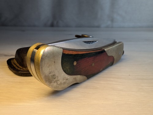 Vintage 4" Wood & Brass Colorful Handle Lockblade Pocket Knife w/ Leather Sheath - Picture 8 of 15