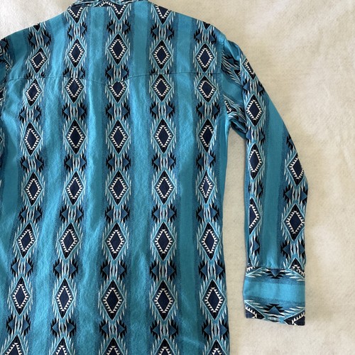 Camisa Wrangler De Colección Para Hombres Pequeña Azul Abotonada Perla Azteca A Presión Suroeste - Imagen 13 de 16