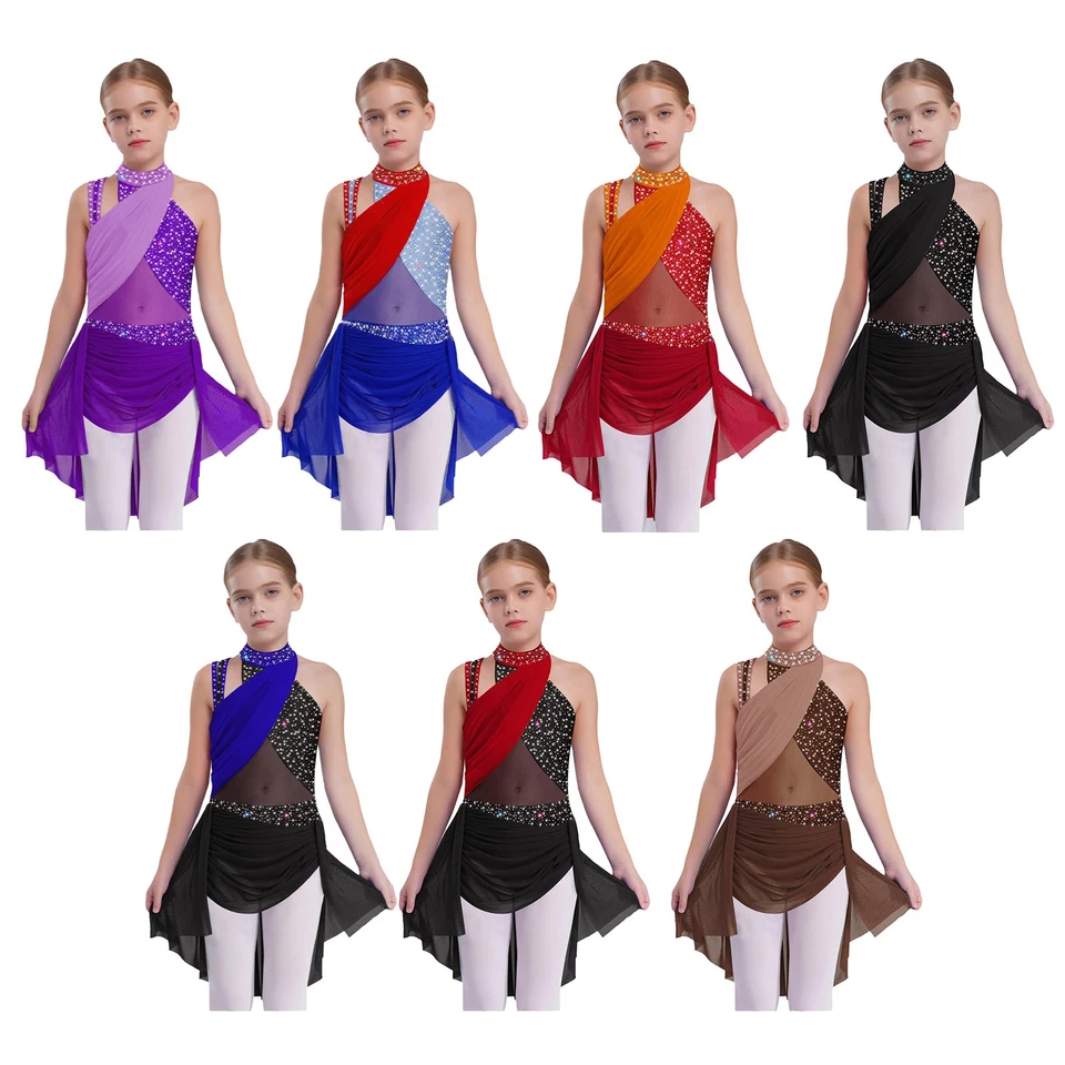 Kids Girls Leotard Modern Rompers Class Dress Ice Skating Dancewear Competition - Image 4 of 4