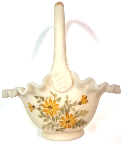 Fenton Custard Orange Daisy Basket Ruffled Edge Hand Painted By Betsy W