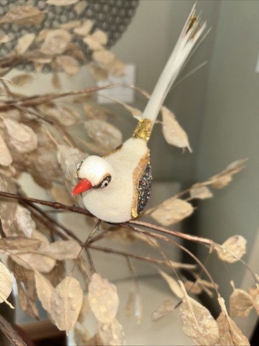 Adorno de Navidad Paloma Pájaro Blanco Vintage Flocado Brillo Oro Borde Clip Mcm - Imagen 3 de 7