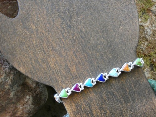 Heart Multi Color Gemstone & Opal Sterling Silver 925 Hinged 7.50" Bracelet AR17 - Picture 8 of 12