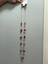 Charming Charlie Gold Tone Red Bead Necklace 42” Adjustable & Earrings — NEW