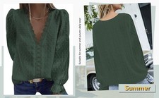 Women Lace Shirt V Neck Long Sleeve Solid Color Stylish Casual Top For Dating