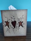 Primitive Rusty Stars/Hearts Tissue Box Cover.  5x5x6.  Tissue included