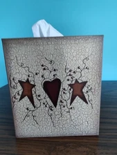 Primitive Rusty Stars/Hearts Tissue Box Cover.  5x5x6.  Tissue included