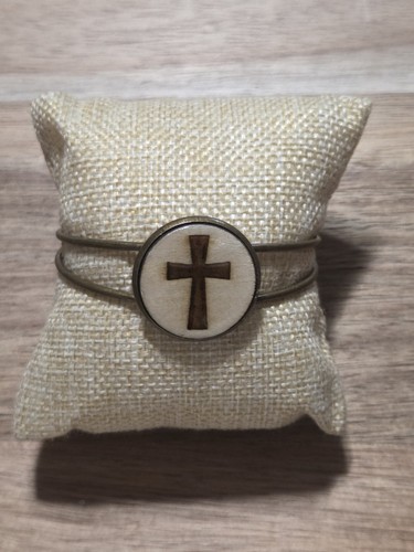 Bronze Bangle Bracelet With Handmade Laser Cut Wood Cross Insert - Picture 1 of 2