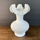 Vintage Fenton White Milk Glass Vase Hobnail Ruffled Double Crimped 10.5" Tall