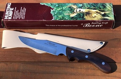 D BOONE Vintage Fixed Blade Hunting Knife 420 SS Japan.  w/ Sheath & Box. Unused