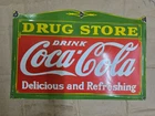 COCA-COLA DRUG STORE PORCELAIN ENAMEL SIGN 27 X 17 INCHES
