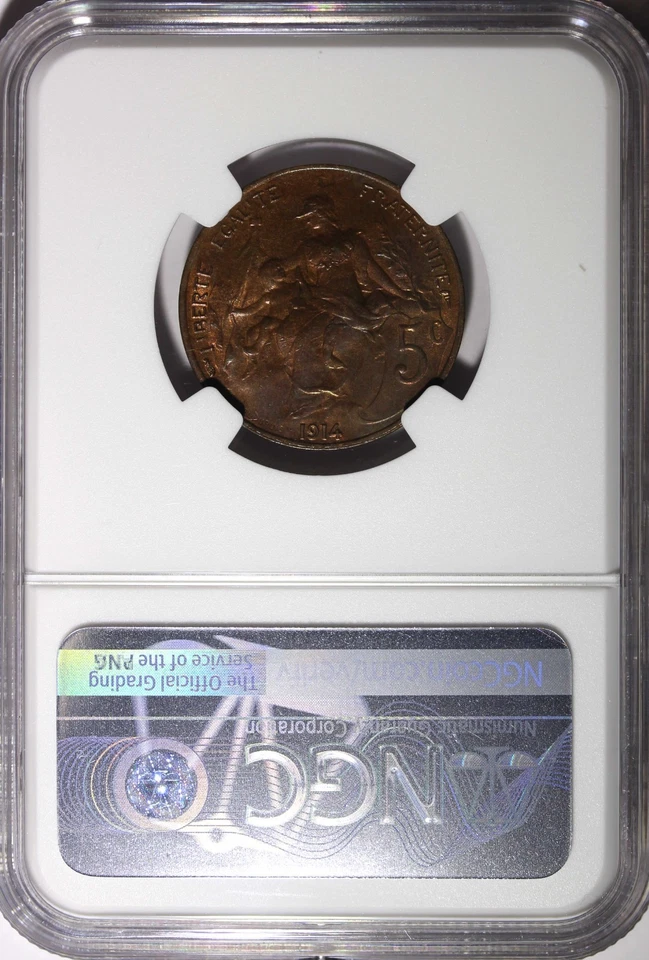 France Bronze 1914 5 Centimes NGC MS64 BN KM# 842 (002) - Image 3 of 4