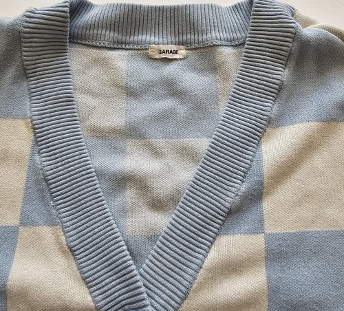 Garage Blue White Checkered Button Up Cardigan Sweater Cropped No Size Tag - Picture 4 of 8
