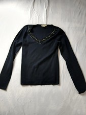 Baccis Womens S Black V Neck Beaded Trim Long Sleeve Knit Top Embellished