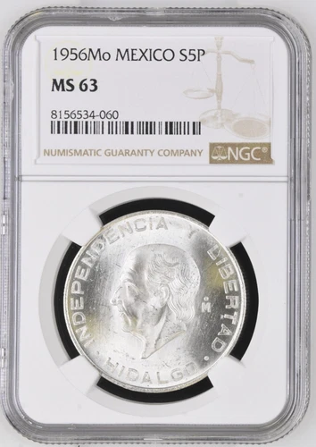 1956 Mo Mexico Silver 5 Pesos S5P Hidalgo - NGC MS63 ( As Pictured)